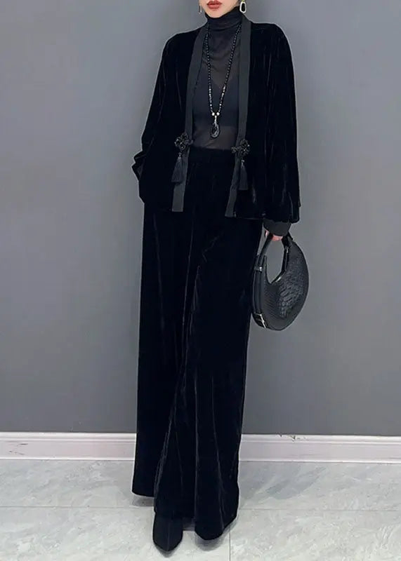 French Black V Neck Patchwork Button Silk Velour Coats And Wide Leg Pants Two Pieces Set Fall Ada Fashion