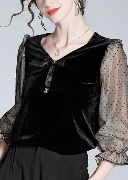 French Black V Neck Patchwork Dot Silk Velour Shirt Spring LY0961 - fabuloryshop