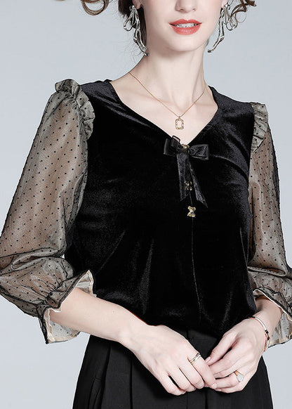 French Black V Neck Patchwork Dot Silk Velour Shirt Spring LY0961 - fabuloryshop