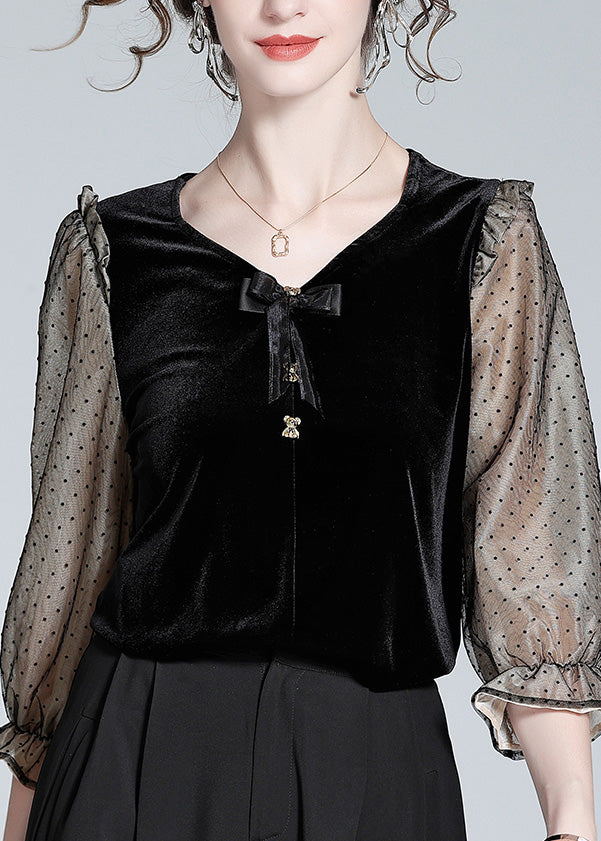 French Black V Neck Patchwork Dot Silk Velour Shirt Spring LY0961 - fabuloryshop