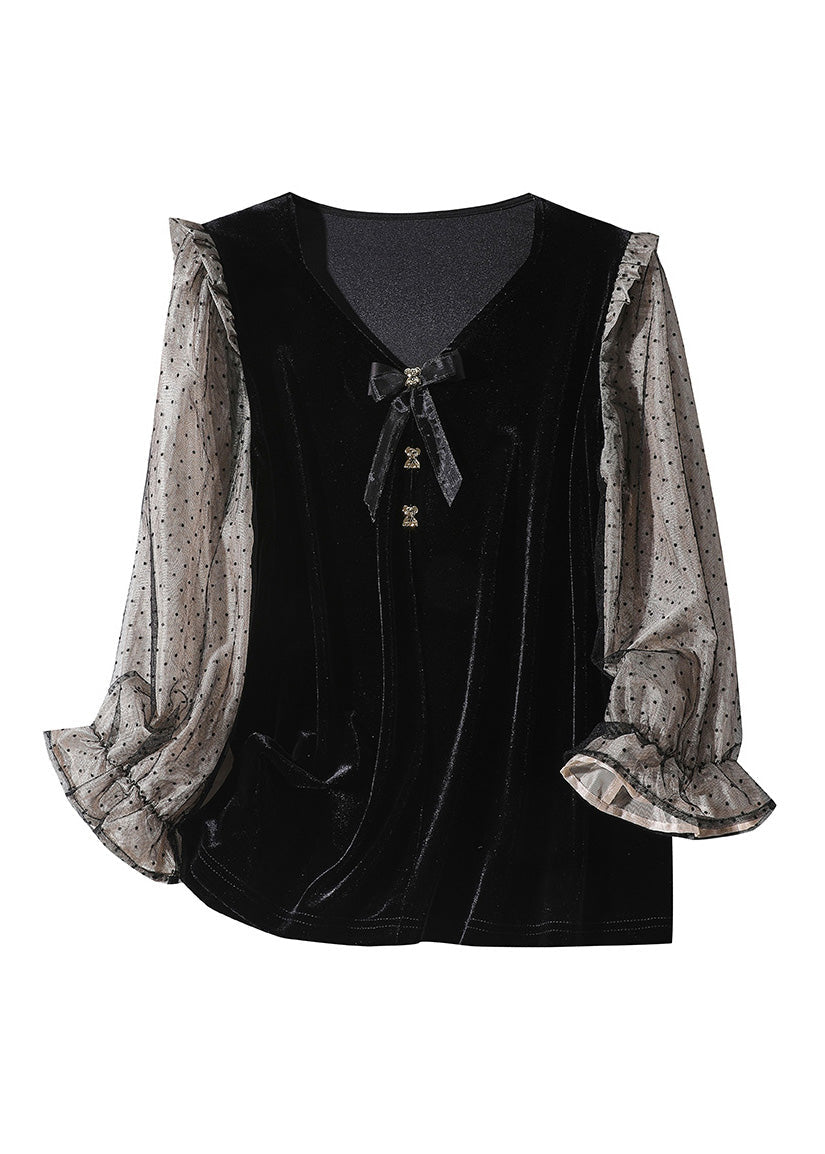 French Black V Neck Patchwork Dot Silk Velour Shirt Spring LY0961 - fabuloryshop