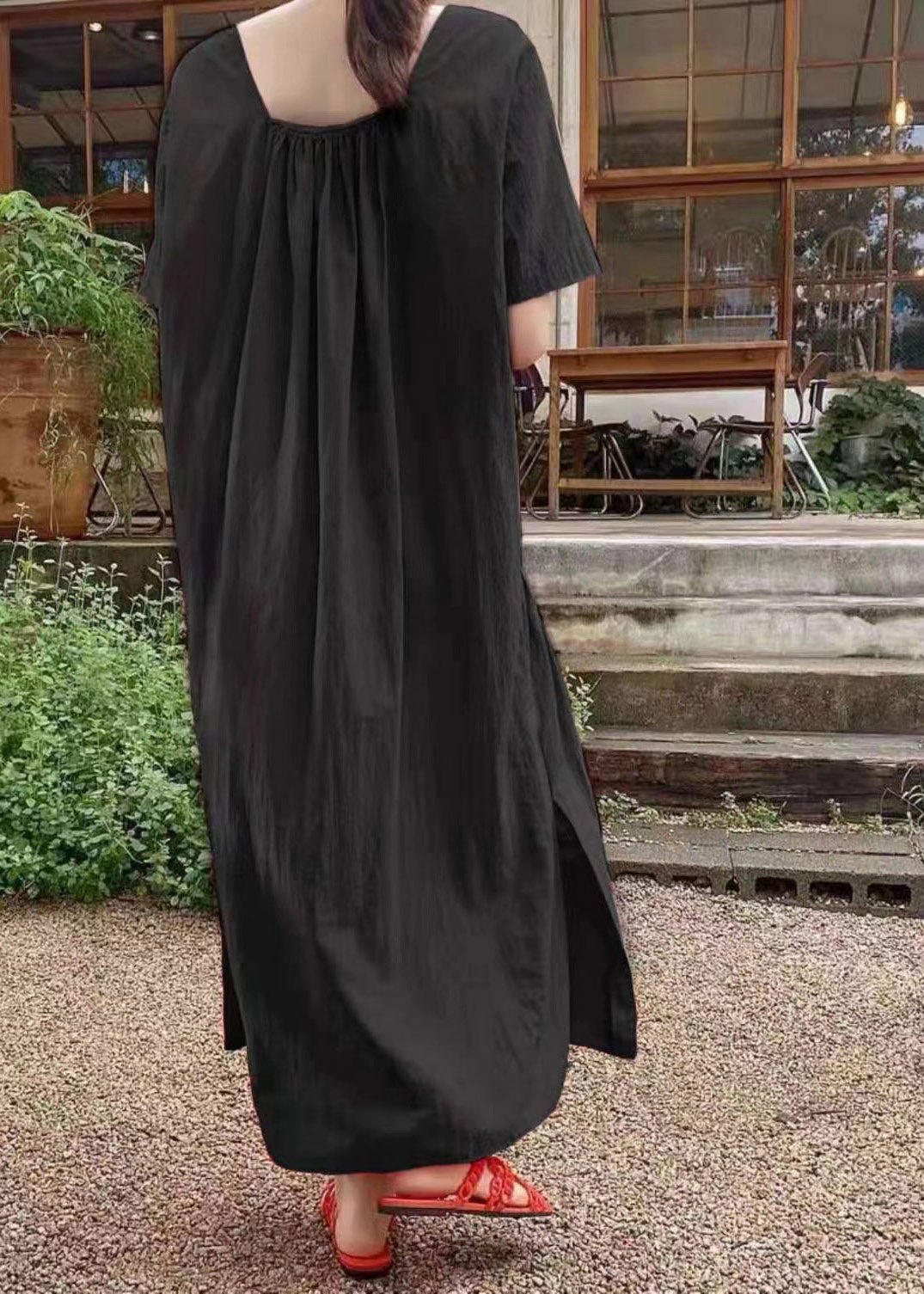 French Black V Neck Patchwork Wrinkled Cozy Long Dress Short Sleeve LY2057 - fabuloryshop