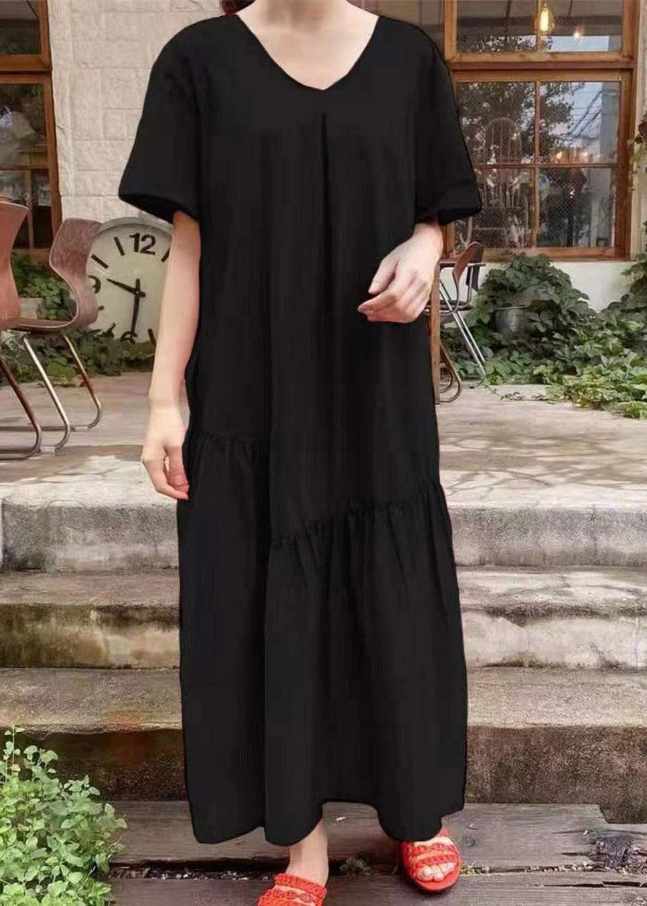 French Black V Neck Patchwork Wrinkled Cozy Long Dress Short Sleeve LY2057 - fabuloryshop