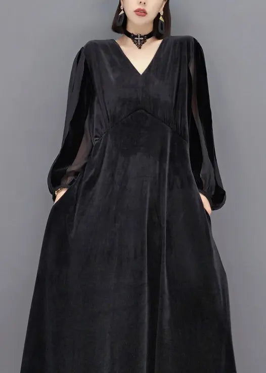 French Black V Neck Pocket Patchwork Velour Dress Autumn Ada Fashion