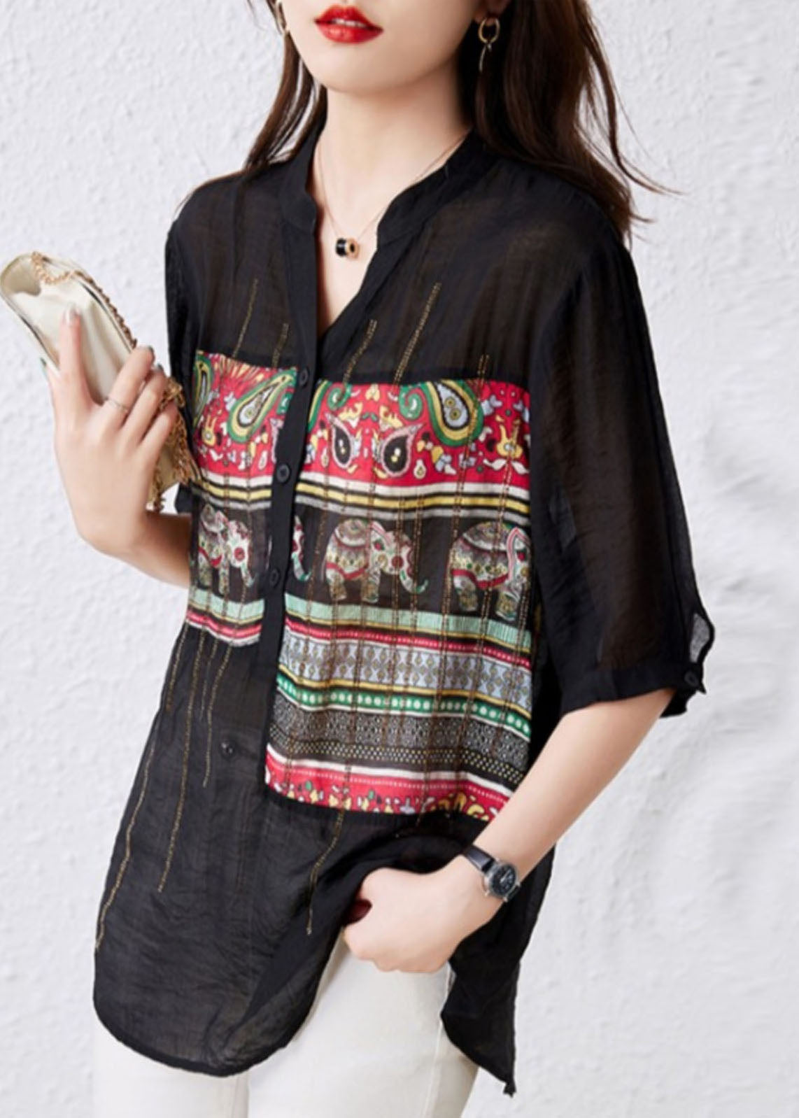 French Black V Neck Print Button Patchwork Cotton Tops Summer TQ1020 - fabuloryshop