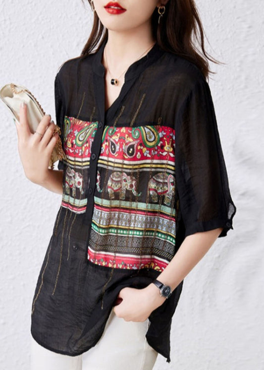 French Black V Neck Print Button Patchwork Cotton Tops Summer Ada Fashion