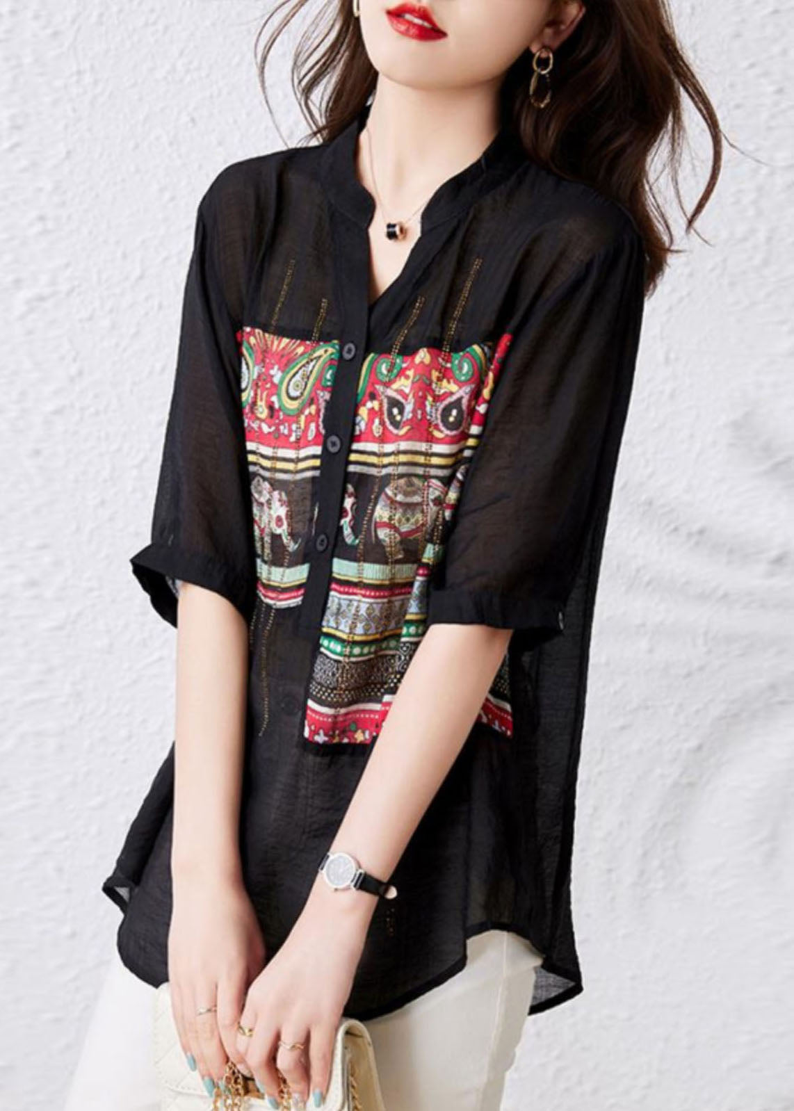 French Black V Neck Print Button Patchwork Cotton Tops Summer TQ1020 - fabuloryshop