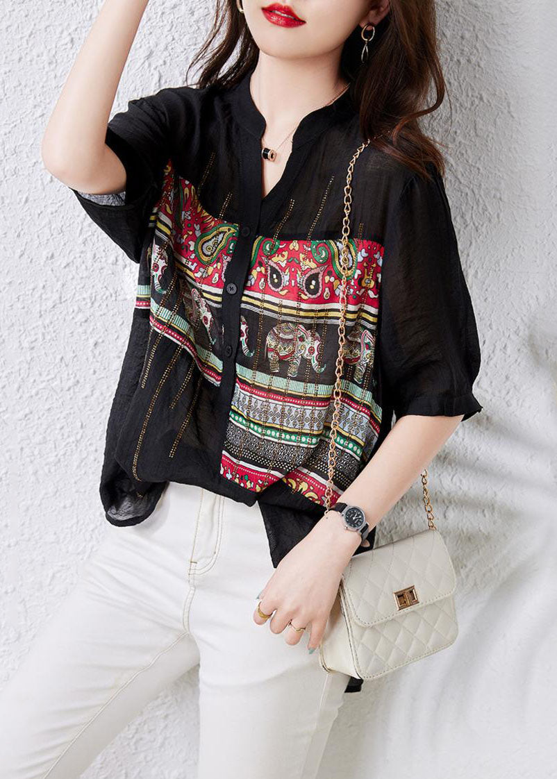 French Black V Neck Print Button Patchwork Cotton Tops Summer TQ1020 - fabuloryshop