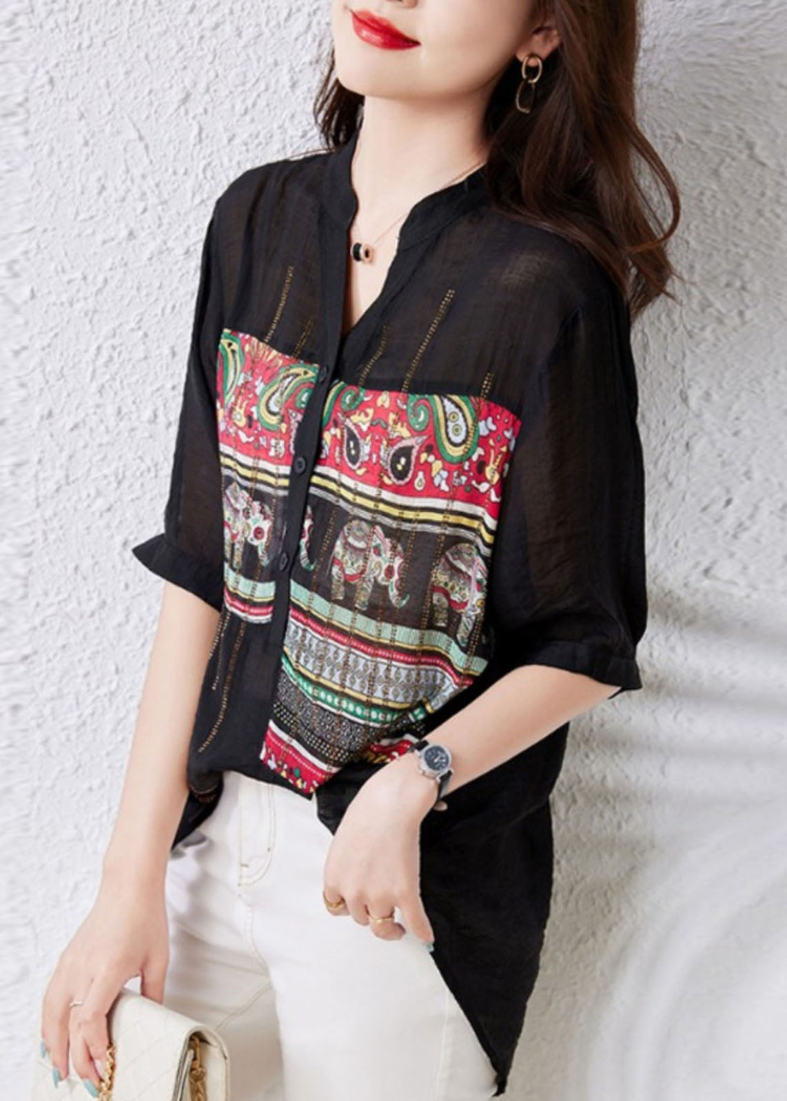 French Black V Neck Print Button Patchwork Cotton Tops Summer TQ1020 - fabuloryshop