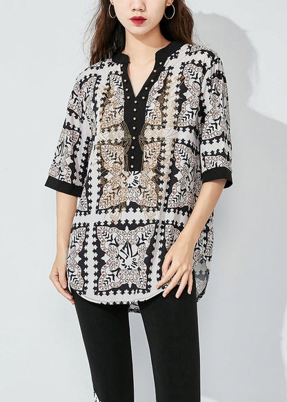 French Black V Neck Print Nail Bead Chiffon Blouses Half Sleeve LY0844 - fabuloryshop