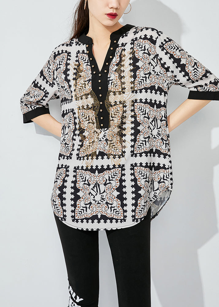 French Black V Neck Print Nail Bead Chiffon Blouses Half Sleeve LY0844 - fabuloryshop