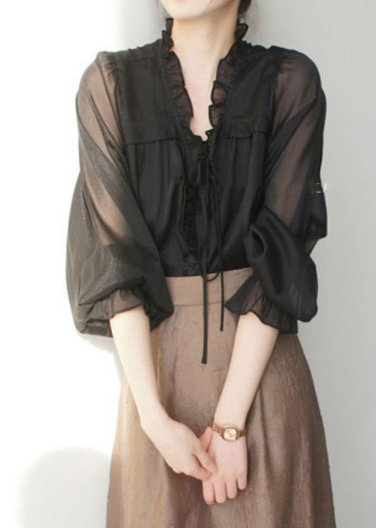 French Black V Neck Ruffled Solid Silk Shirts Spring LY0410 - fabuloryshop