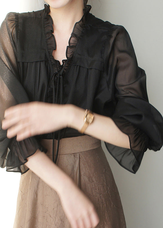 French Black V Neck Ruffled Solid Silk Shirts Spring LY0410 - fabuloryshop