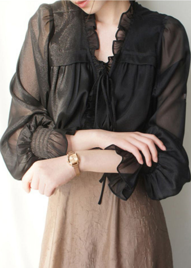 French Black V Neck Ruffled Solid Silk Shirts Spring LY0410 - fabuloryshop