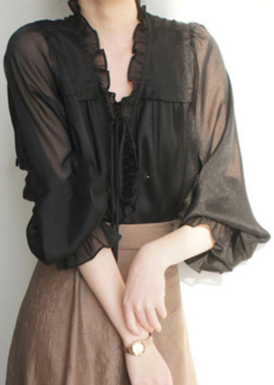 French Black V Neck Ruffled Solid Silk Shirts Spring LY0410 - fabuloryshop