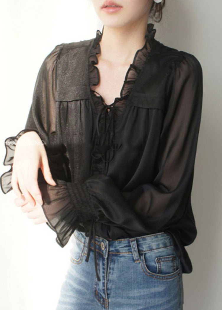 French Black V Neck Ruffled Solid Silk Shirts Spring LY0410 - fabuloryshop