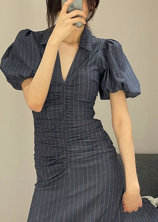 French Black V Neck Striped Slim Chiffon Long Dresses Short Sleeve LY2714 - fabuloryshop