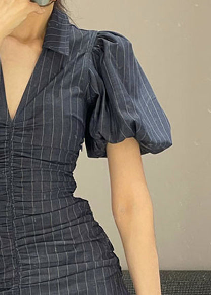 French Black V Neck Striped Slim Chiffon Long Dresses Short Sleeve LY2714 - fabuloryshop