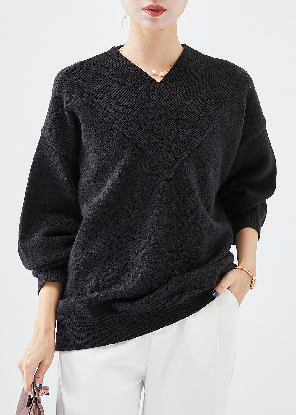 French Black V Neck Thick Knit Top Winter Ada Fashion