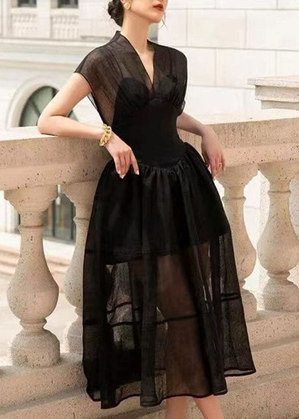 French Black V Neck Wrinkled Patchwork Tulle Dress Summer LY4621 - fabuloryshop