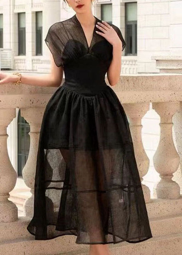 French Black V Neck Wrinkled Patchwork Tulle Dress Summer LY4621 - fabuloryshop