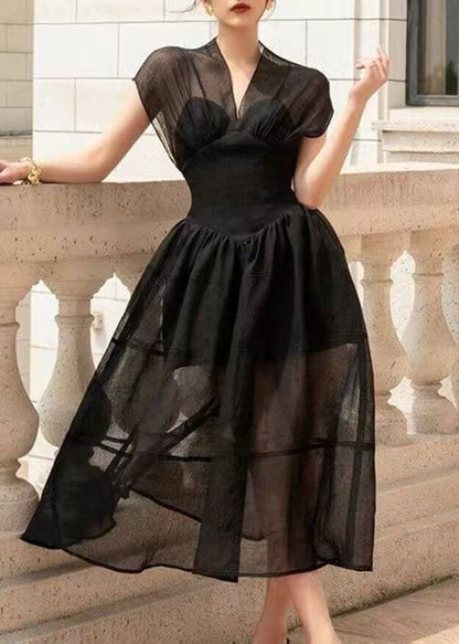 French Black V Neck Wrinkled Patchwork Tulle Dress Summer LY4621 - fabuloryshop