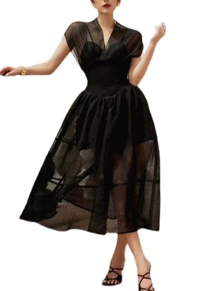 French Black V Neck Wrinkled Patchwork Tulle Dress Summer LY4621 - fabuloryshop