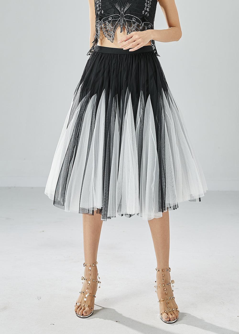 French Black White Patchwork Exra Large Hem Tulle Pleated Skirts Summer LY6057 - fabuloryshop