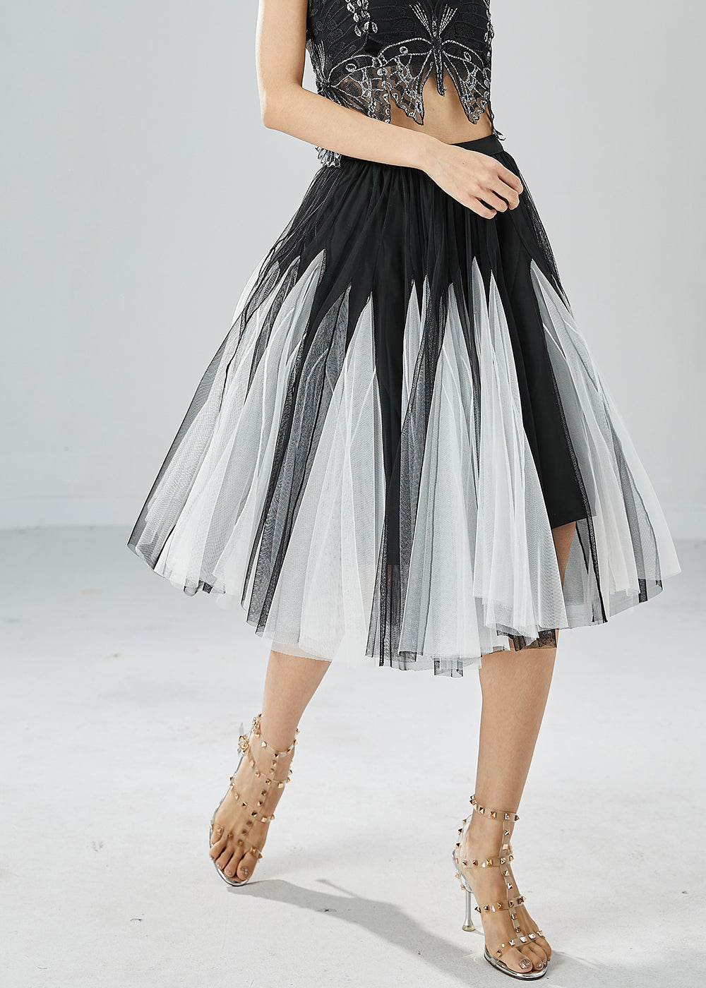 French Black White Patchwork Exra Large Hem Tulle Pleated Skirts Summer LY6057 - fabuloryshop