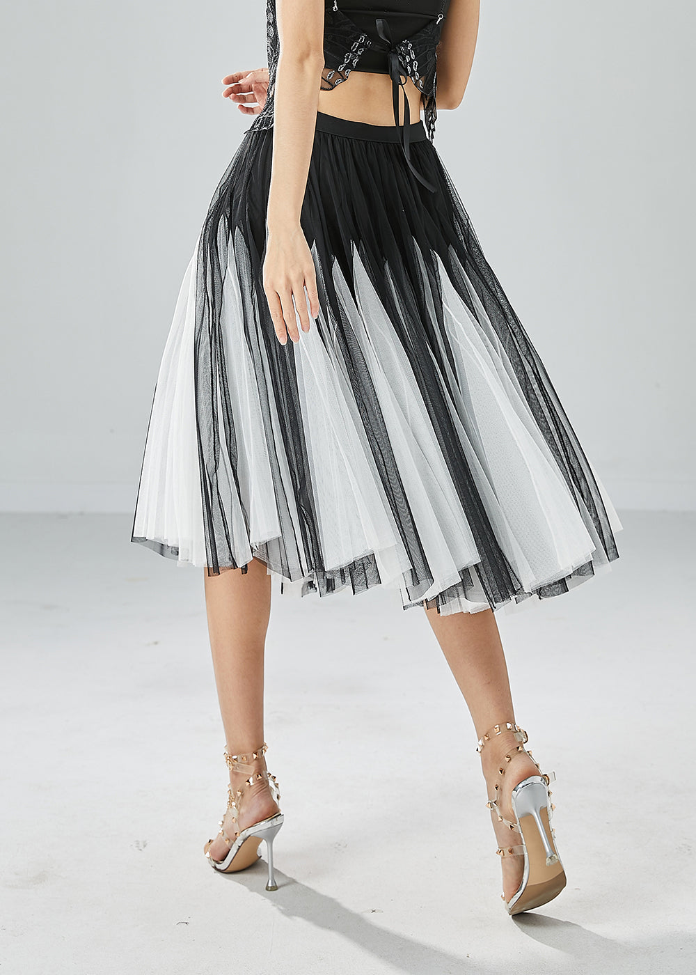 French Black White Patchwork Exra Large Hem Tulle Pleated Skirts Summer LY6057 - fabuloryshop