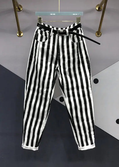 French Black White Striped Pockets Patchwork Denim Pants Fall Ada Fashion