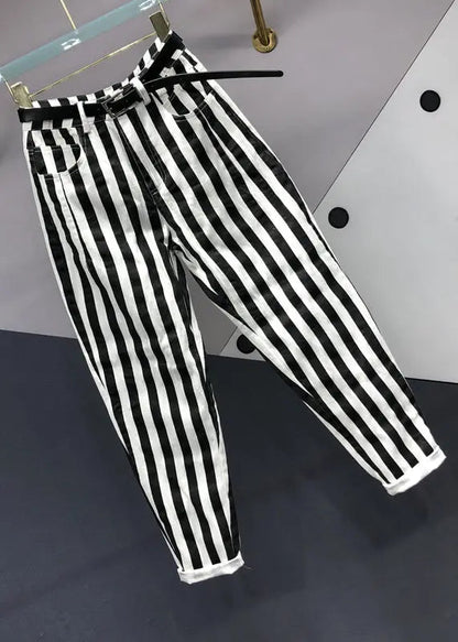 French Black White Striped Pockets Patchwork Denim Pants Fall Ada Fashion