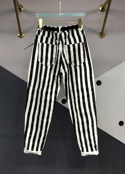 French Black White Striped Pockets Patchwork Denim Pants Fall Ada Fashion