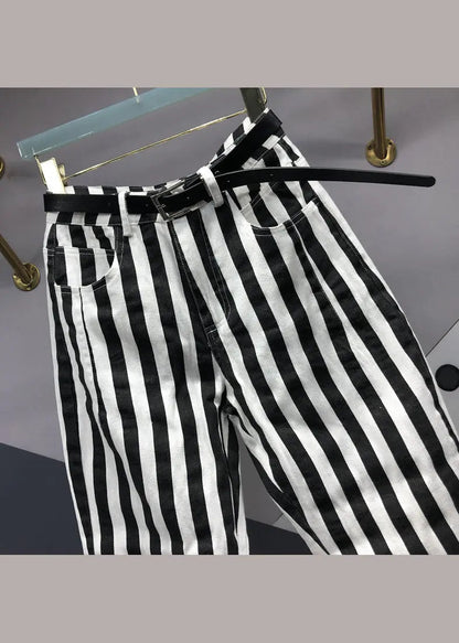 French Black White Striped Pockets Patchwork Denim Pants Fall Ada Fashion