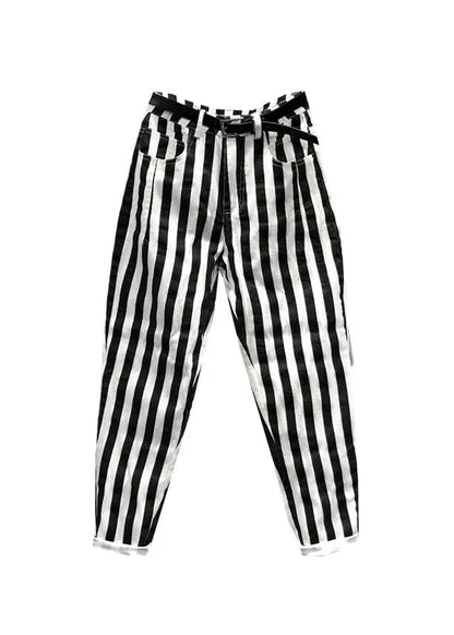 French Black White Striped Pockets Patchwork Denim Pants Fall Ada Fashion