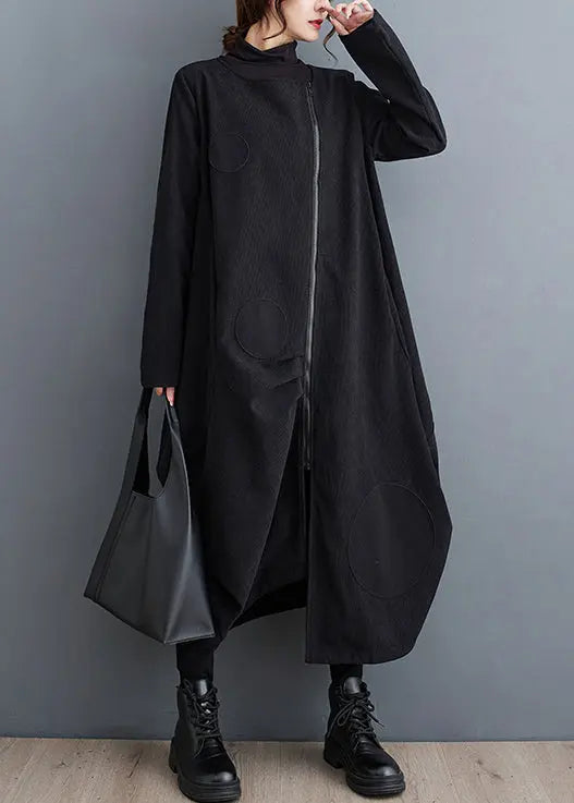 French Black Zip Up Pockets Patchwork Cotton Long Coats Fall Ada Fashion