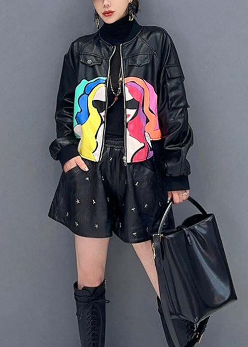 French Black Zip Up Print Patchwork Faux Leather Coats Long Sleeve Ada Fashion