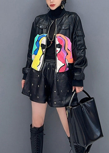 French Black Zip Up Print Patchwork Faux Leather Coats Long Sleeve Ada Fashion