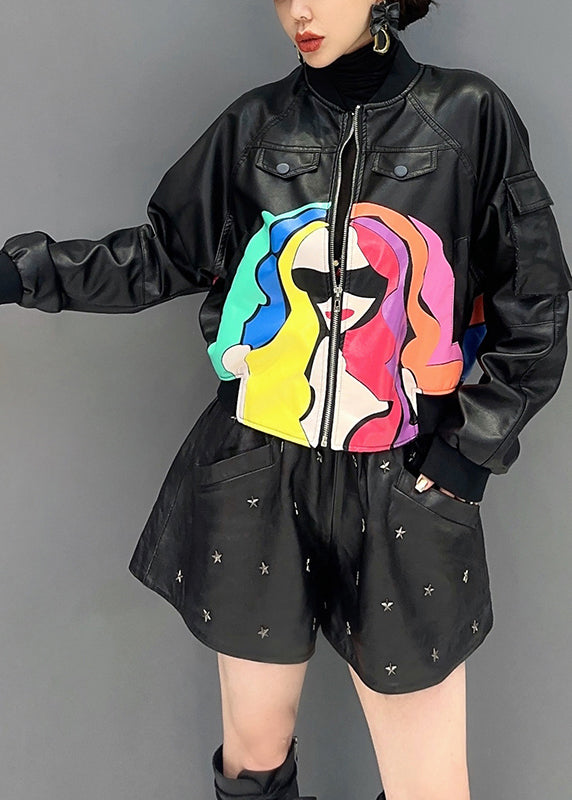 French Black Zip Up Print Patchwork Faux Leather Coats Long Sleeve Ada Fashion