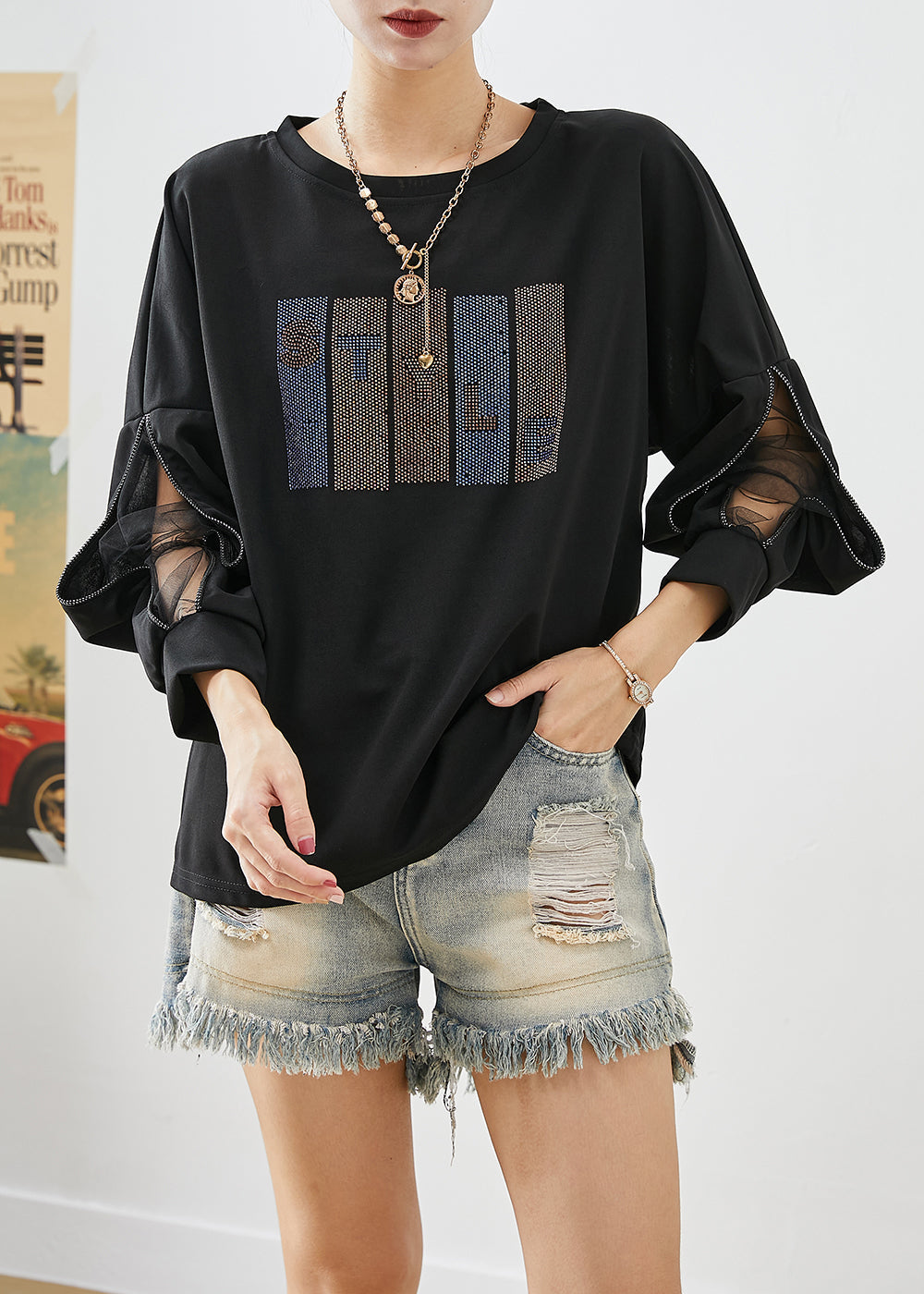 French Black Zircon Patchwork Cotton Sweatshirt Tops Fall Ada Fashion