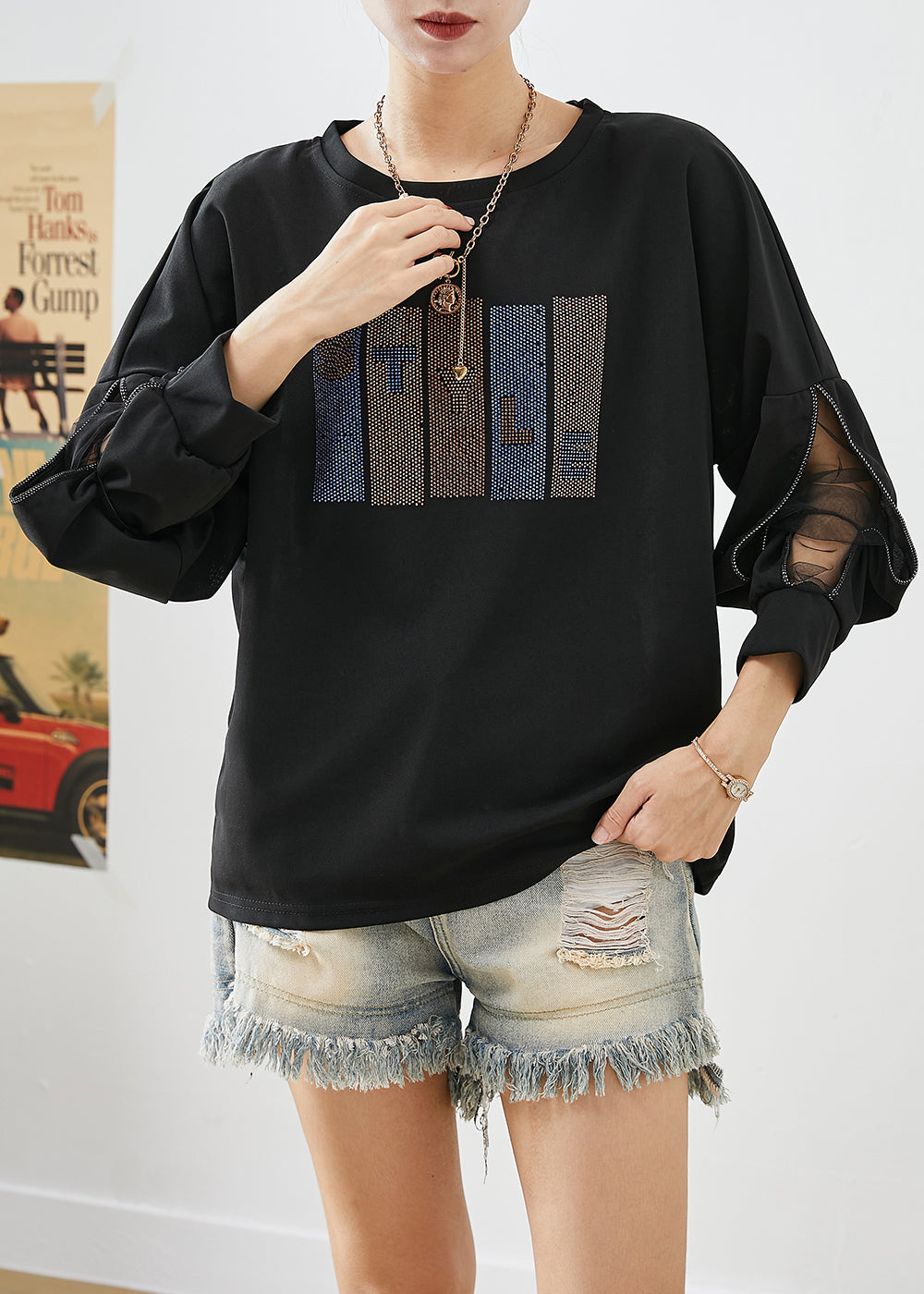 French Black Zircon Patchwork Cotton Sweatshirt Tops Fall Ada Fashion