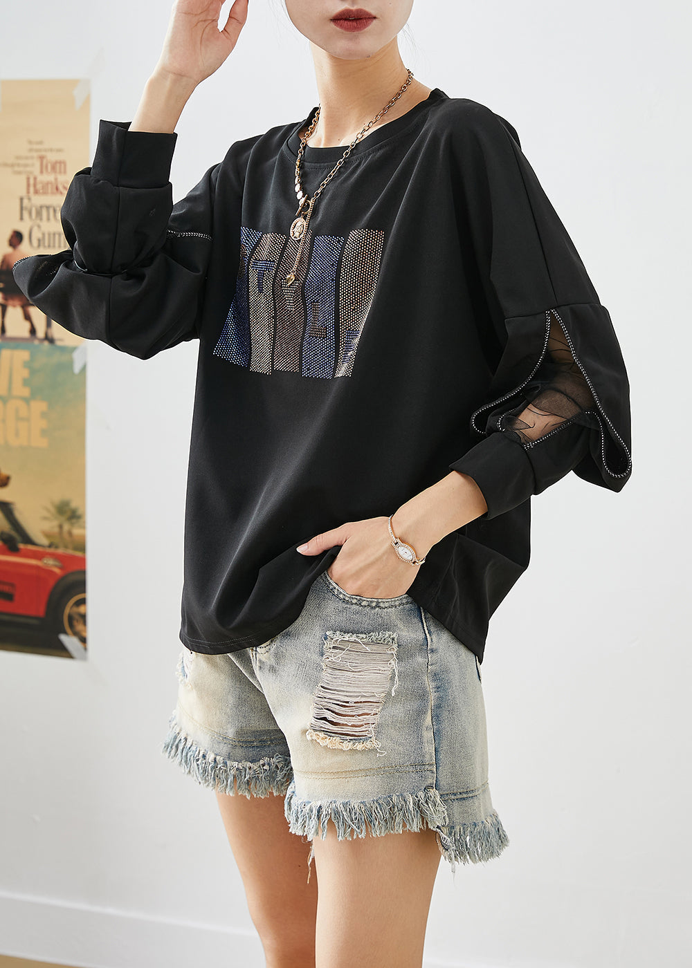 French Black Zircon Patchwork Cotton Sweatshirt Tops Fall Ada Fashion