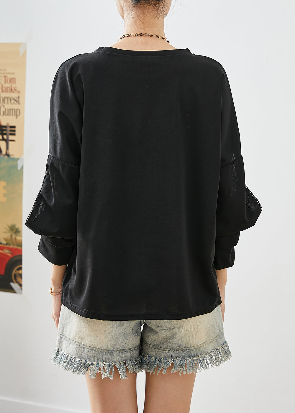 French Black Zircon Patchwork Cotton Sweatshirt Tops Fall Ada Fashion