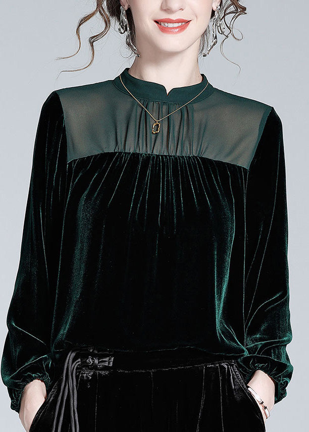 French Blackish Green Patchwork Silk Velour Shirts Long Sleeve AC3063