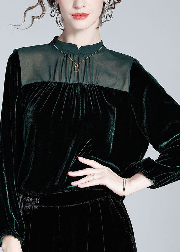 French Blackish Green Patchwork Silk Velour Shirts Long Sleeve AC3063