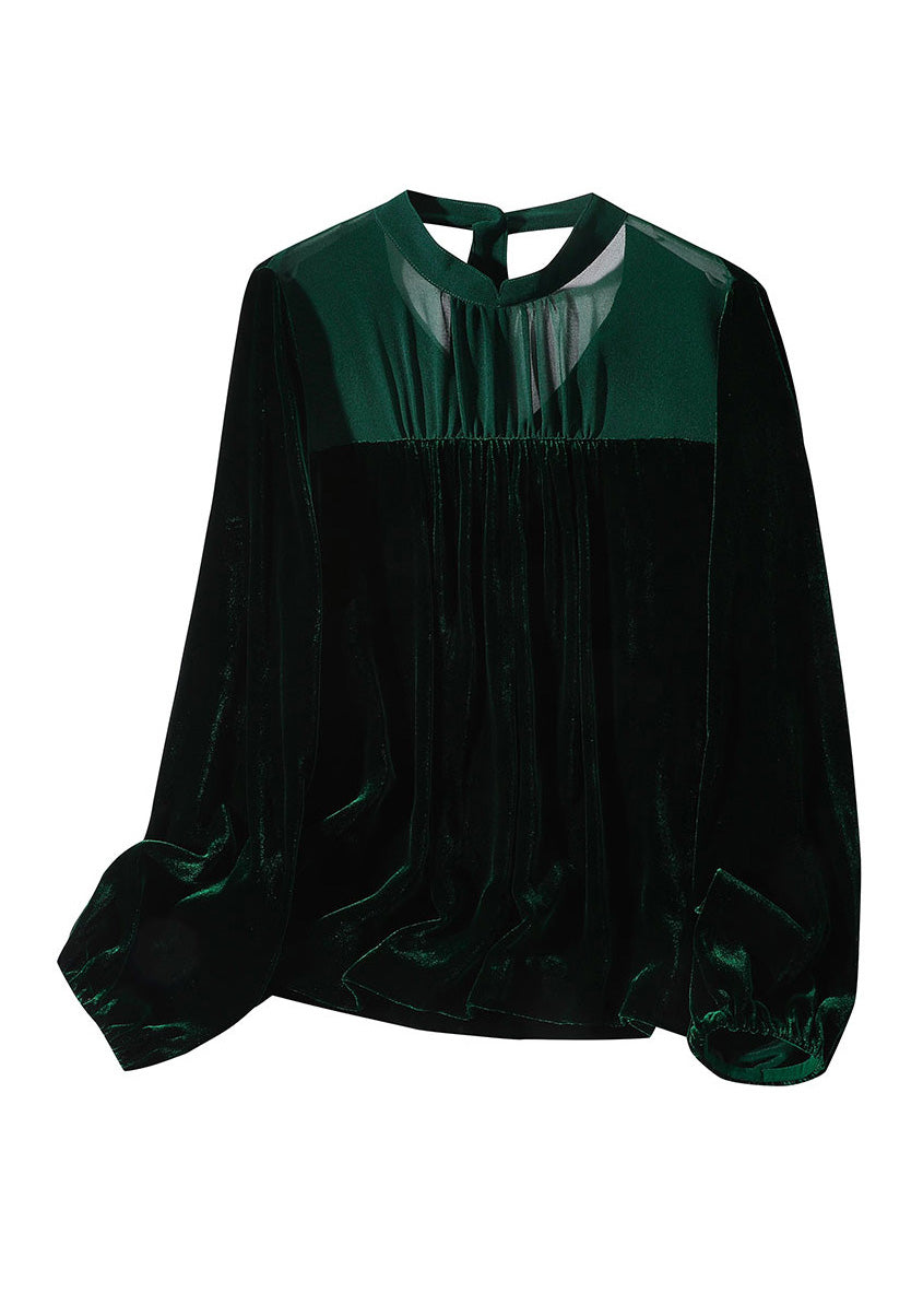 French Blackish Green Patchwork Silk Velour Shirts Long Sleeve LY0690