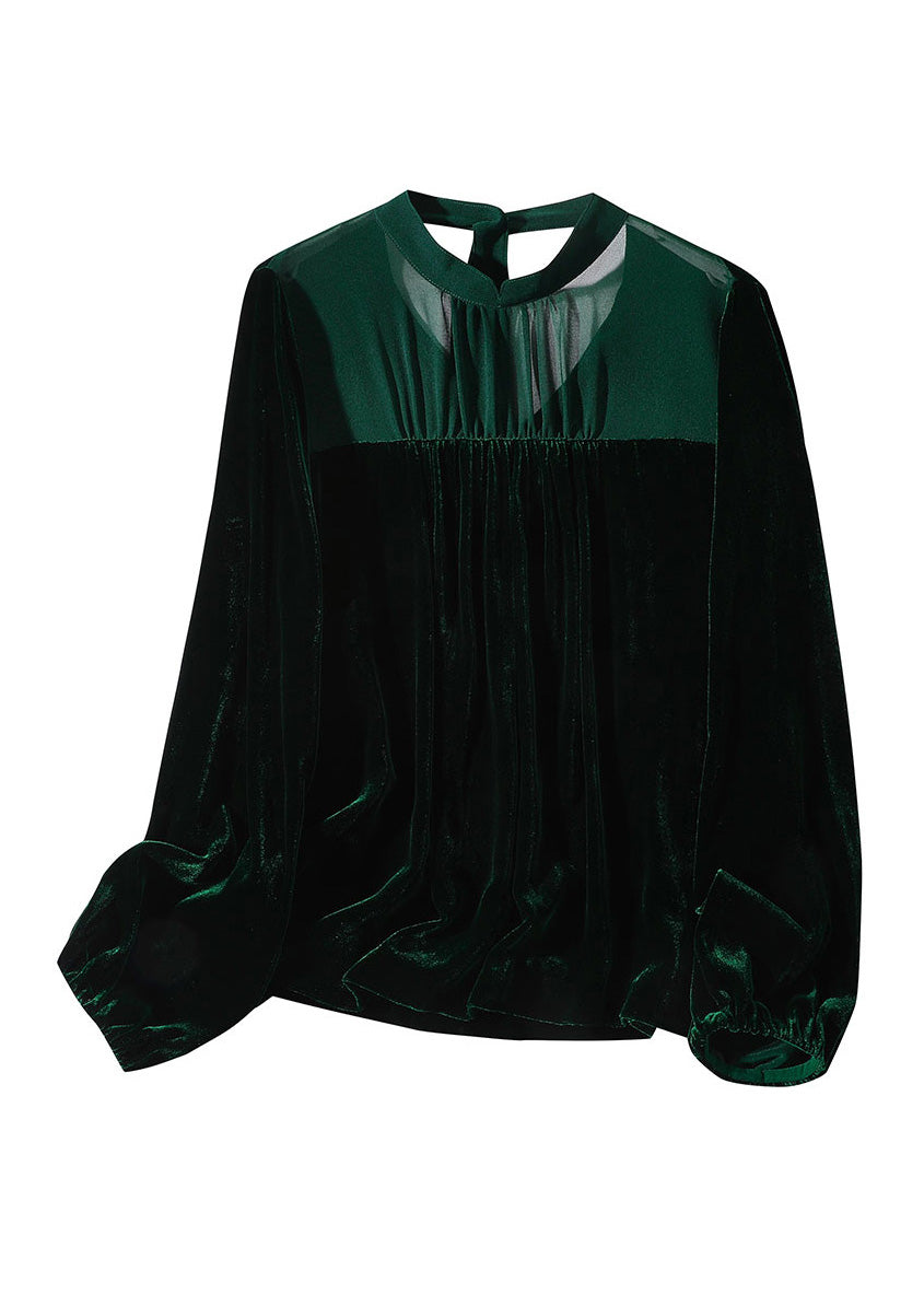 French Blackish Green Patchwork Silk Velour Shirts Long Sleeve LY0690 - fabuloryshop