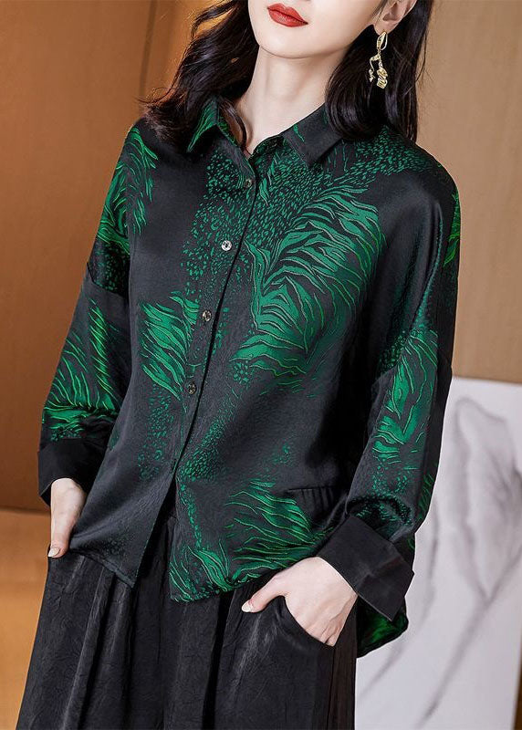 French Blackish Green Peter Pan Collar Print Patchwork Silk Shirts Long Sleeve LY4578 - fabuloryshop