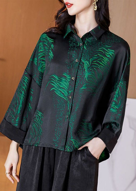 French Blackish Green Peter Pan Collar Print Patchwork Silk Shirts Long Sleeve LY4578 - fabuloryshop