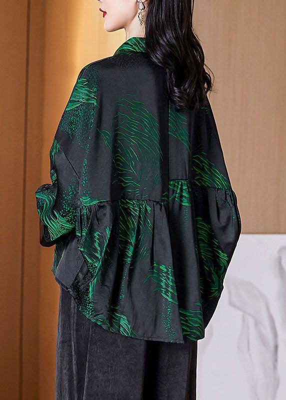 French Blackish Green Peter Pan Collar Print Patchwork Silk Shirts Long Sleeve LY4578 - fabuloryshop